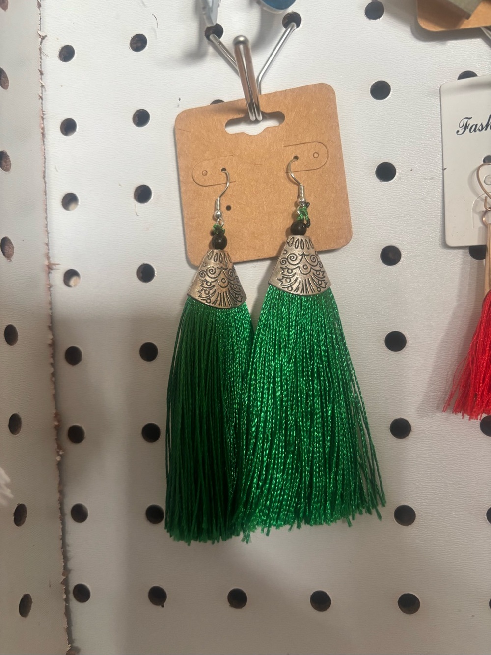 Green Tassel Drop Earrings - Unbranded